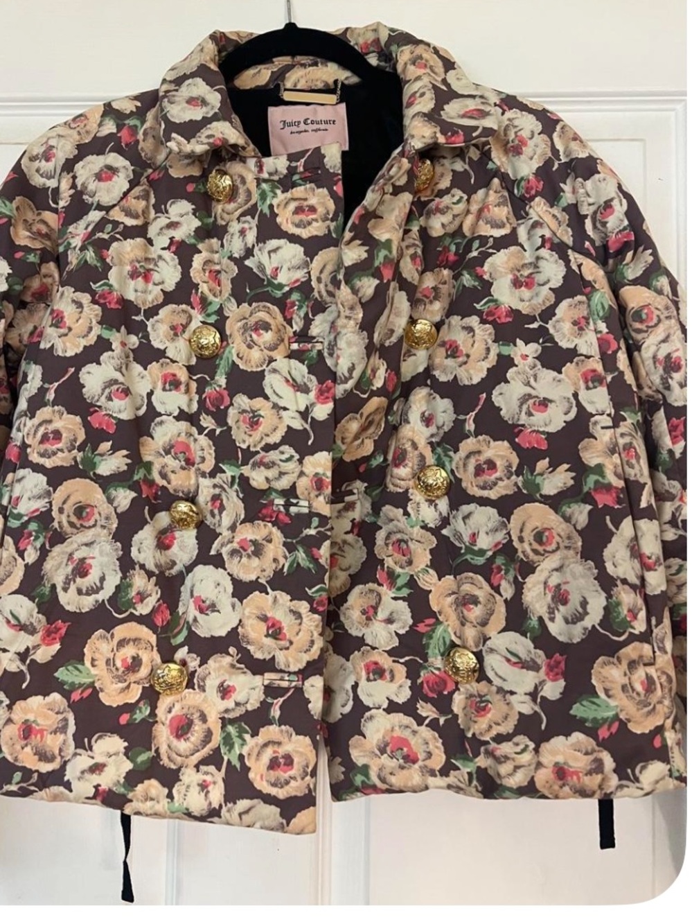 Juicy Couture Brown Floral Quilted cropped Coat with Cream Roses & gold buttons